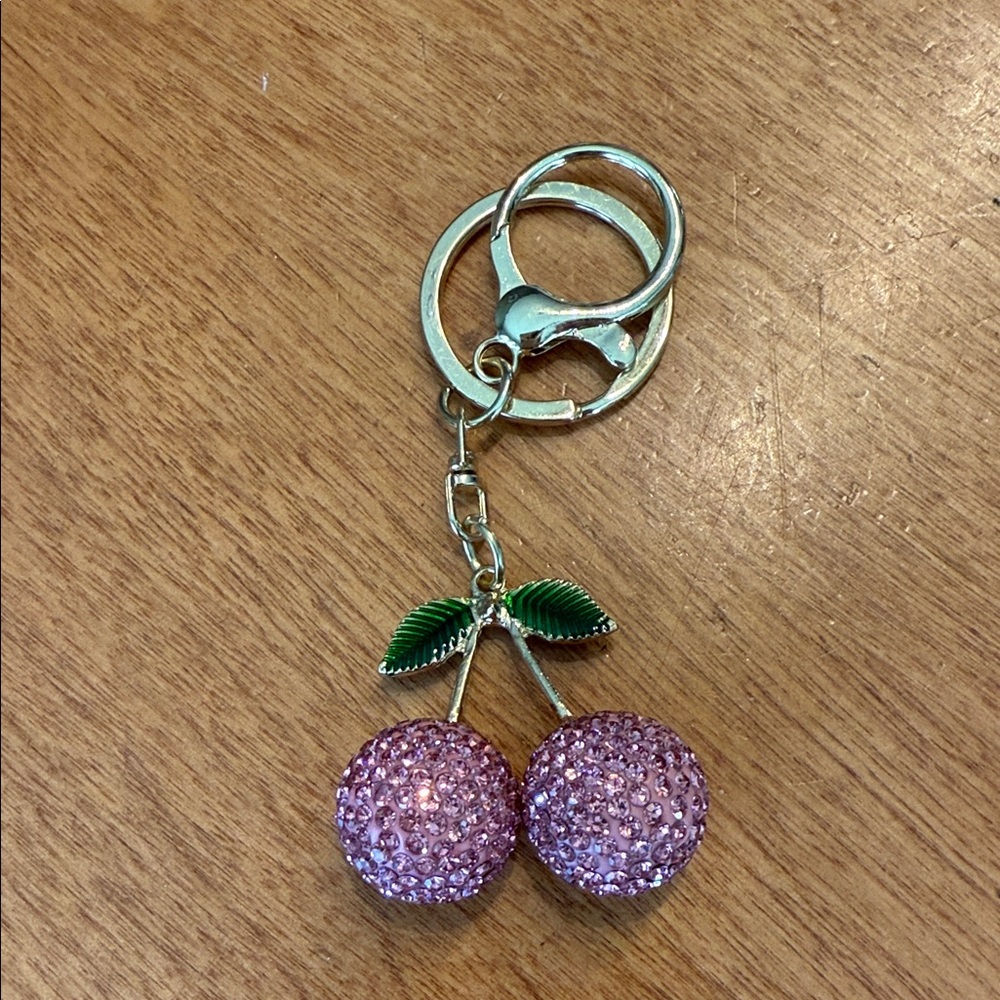 Rhinestone, pink cherry bag charm - Picture 2 of 3